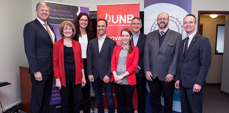 (L-R) Stephen Horsman, sitting Deputy Premier; Rina Arseneault, Associate Director, MMFC; Cathy Holtmann, Director, MMFC; Matt DeCourcey, MP for Fredericton; Stephanie Sanford, Chair of Board, MMFC; Mike O’Brien, Mayor of Fredericton; Tim McCluskey, President of the Board, MMFC; George MacLean, Vice-President Academic (Fredericton)