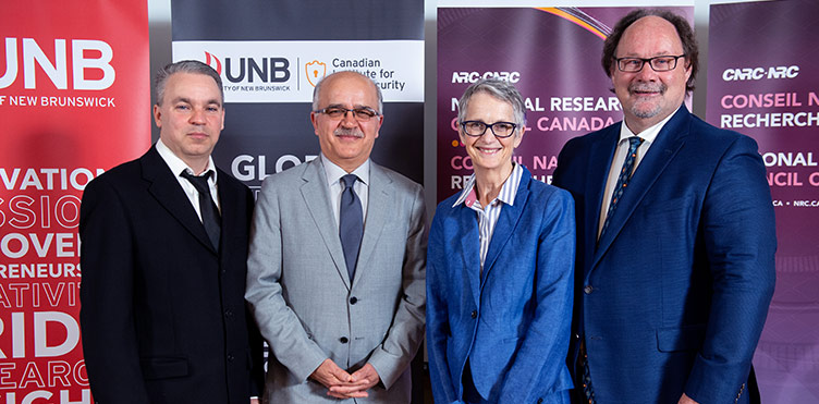 Left to right: Danny D’Amours, site leader, Fredericton and team leader, NRC; Dr. Ali Ghorbani, director, Canadian Institute for Cybersecurity; Dr. Carolyn Watters, chief digital research officer, NRC; Dr. David MaGee, vice-president (research), UNB.