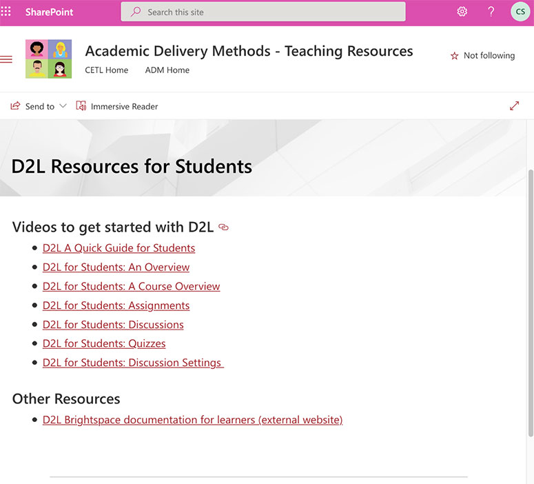 Screenshot of where to find student tutorials on D2L