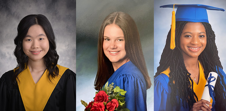 High school graduation photos of recipients Vera Chen, Carlie Rogers and Analissa Salmon.