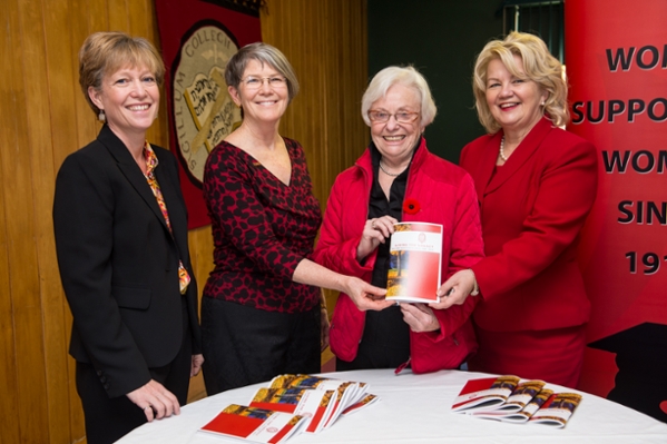 Living the Legacy, a recent history of the Associated Alumnae, was launched at the organization’s semi-annual meeting in November.  From left to right: Jane McGinn-Giberson (BSE ’88, ME ’99), editorial committee; Susan Montague, author; Mardi Cockburn (BA ’52), driving force behind the project; and Karen Taylor (BA ’72, MPA ’88), president.