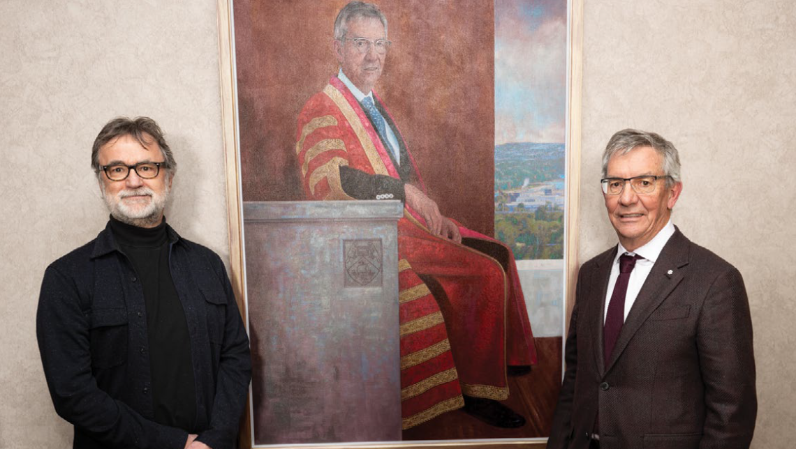 Artist Glenn Priestley and Allison McCain, with Dr. McCain’s portrait as chancellor, which was unveiled on Nov. 28 at the Wu Centre