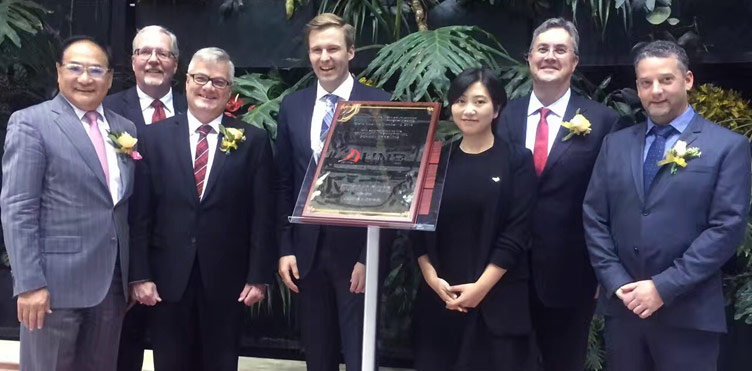 L to R: Dr Pang, Lloyd Henderson, Dr. Robert MacKinnon, Premier Brian Gallant, Cui Can, Dr. Eddy Campbell, Chris Beardsworth.