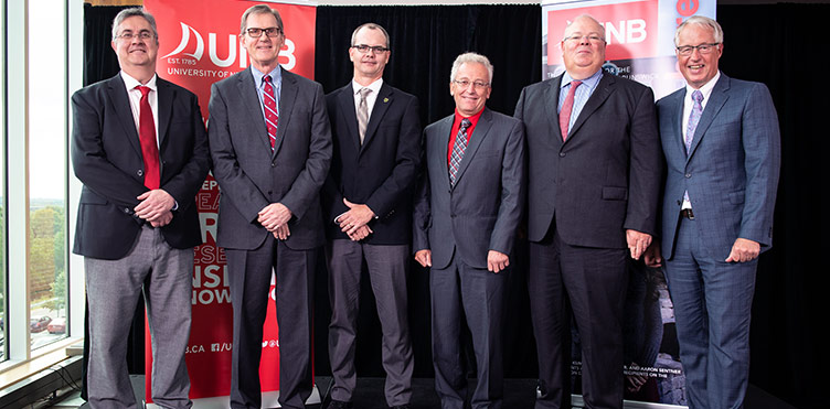 (L-R) Dr. Eddy Campbell, President and Vice-Chancellor, UNB; Hans O. Klohn, President, OSCO Construction Group; Jeff Rankin, Chair of Civil Engineering, UNB; Chris Diduch, Dean of Engineering, UNB; John K.F. Irving, Chairman and CEO of OSCO Construction Group and President of Ocean Capital Holdings Limited; Bob Skillen, Vice-President (Advancement), UNB.
