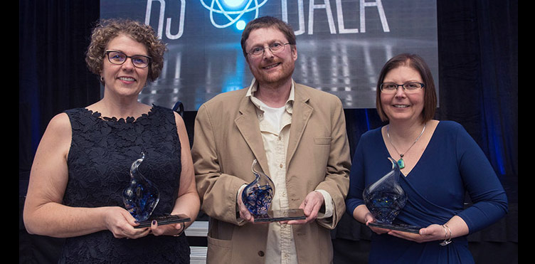 NBIF research funding winners Suzanne Dupuis-Blanchard (Université de Moncton), Clive Baldwin (St. Thomas University), Carole Goodine (University of New Brunswick). Credit: Stephen MacGillivray Photography & Video.