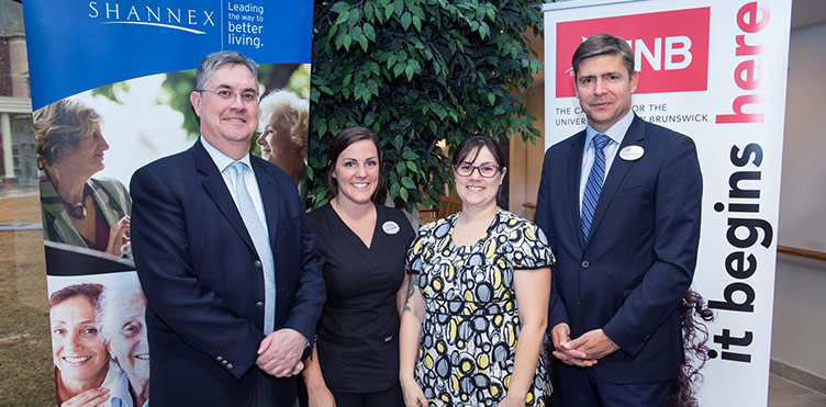 From left to right: Dr. Eddy Campbell, then-UNB president and vice-chancellor; Jayden Wormell and Amanda McCutcheon, Parkland Saint John registered nurses and UNB alumnae; Jason Shannon, Shannex president and chief operating officer.