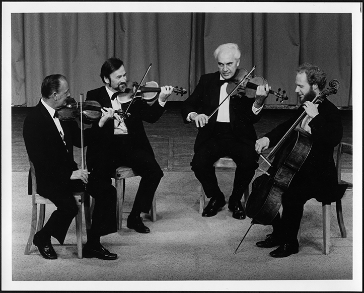 Brunswick String Quartet playing. Joseph Pach, Paul Campbell, James Pataki and Paul Pulford. November 1987. Courtesy of UNB Archives, PR, File 767, no 17