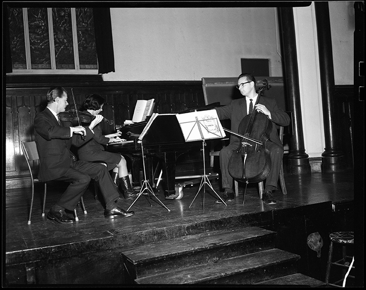 Malcolm Tait (right) playing with two other resident musicians (Joseph and Arlene Pach) in Memorial Hall, 1968. Courtesy of UNB Archives, UA RG 340, 7261a