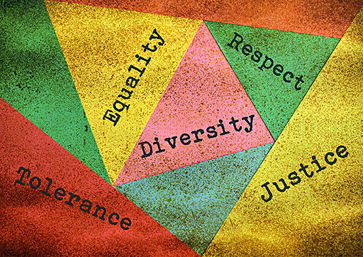 Image of different words about reconcilliation on a colourful background