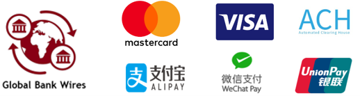 visa, mastercard, alipay, union pay, we chat pay, ach
