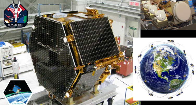 The research satellite CASSIOPE on a test platform at the Canadian Space Agency's David Florida Laboratory. Photograph courtesy of MacDonald, Dettwiler and Associates Ltd.