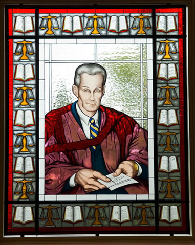 Stained glass portrait of Dr. Mackay that hangs in the room bearing his name.