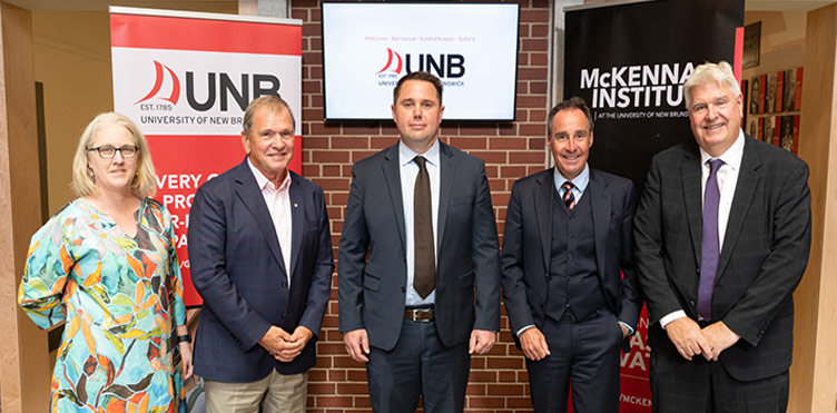 Michelle Gray, dean of forestry, UNB; Hon. Frank McKenna; Malcolm Cockwell, chairman, Acadian Timber Corp.; Hon. John Herron, minister of natural resources; Paul J. Mazerolle, president and vice chancellor, UNB.
