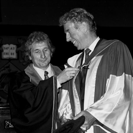 M. Patrick Gillin is hooded by President James Downey after receiving his honorary doctorate in 1981. Photo from UNB Archives & Special Collections, Harriet Irving Library.