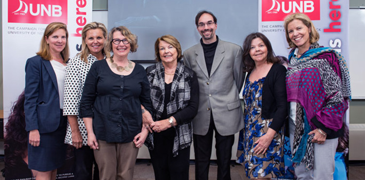 (L-R) Sarah Crawford, Heather Crawford, Alison Luke (BA ’92), Beatrice Crawford, Mikael Hellstrom, Suzanne Crawford (LLB ’82) and Barbara Crawford at the celebration of the Purdy Crawford Postdoctoral Fellowships in Public Policy.