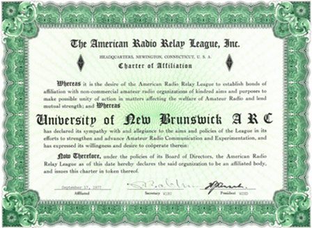 VE1UNB ARRL Affiliation 1977