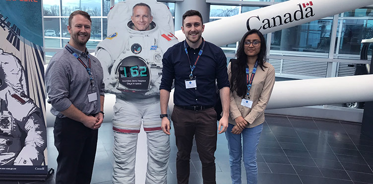 Chris Toews, NBCC (left), Alex DiTommaso, UNB (centre), and Sarah Siddiqua, UNB (right), attended the Canadian CubeSat Development workshop at the Canadian Space Agency Headquarters, May 2019. Image credit: Yocoyani Badillo-Amberg