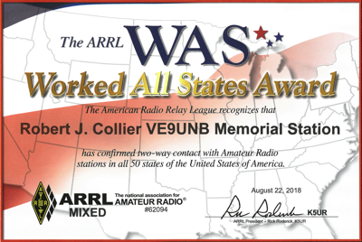 VE9UNB Worked All States (WAS) Mixed Award #62094, August 22, 2018