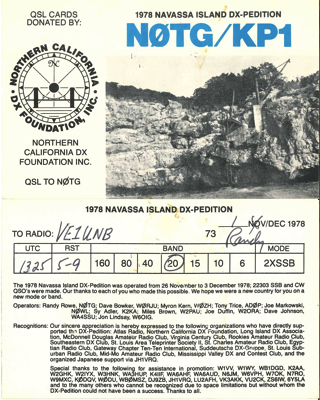 QSL card for Navassa Island by N0TG/KP1 for VE1UNB