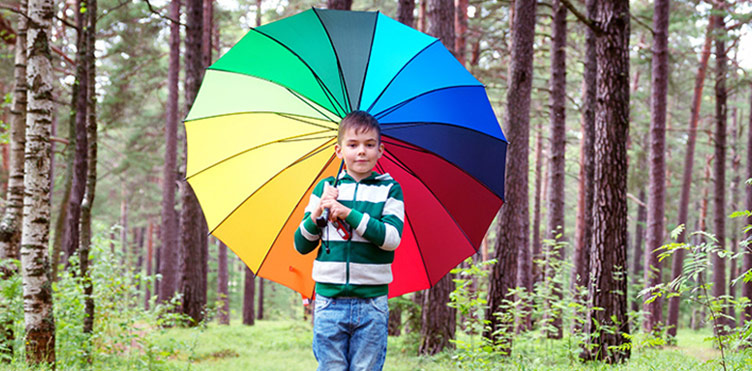 A child holding an umbrella in front of a forest.