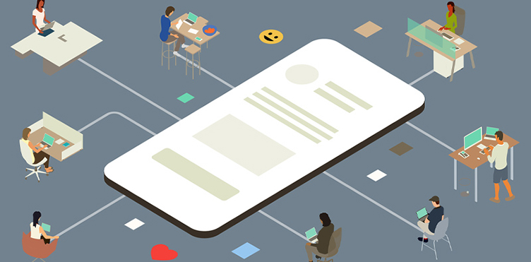 Concept illustration of a digital workspace where multiple people connect and work around a giant mobile interface.