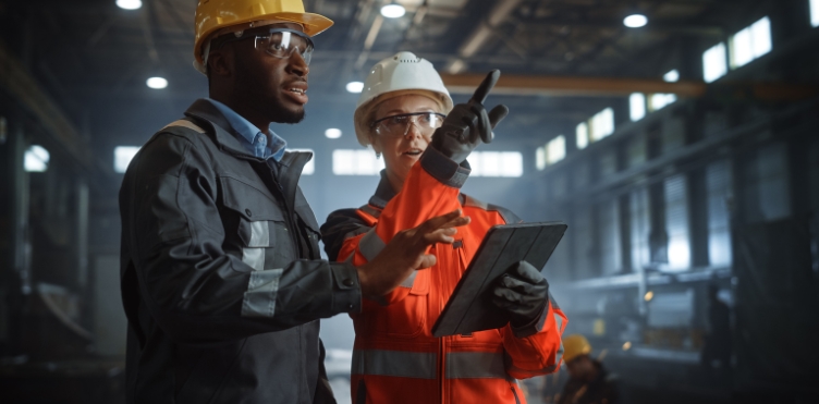 This is a photo of two engineers standing in a steel manufacturing facility.